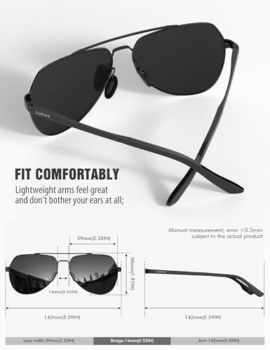 Image of LUENX Aviator Sunglasses for Men Women Polarized New Shades Flexible Spring Hinge - UV 400 Protection