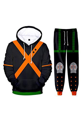 IOONCHI Bakugou Hoodie Cosplay Costume Katsuki Jacket Pullover 3D Printed Sweatshirt Sweatpants Outfit Halloween Coat (Black, Small)