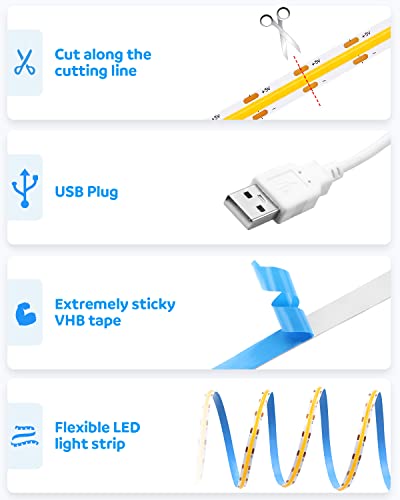 Aclorol USB 1M COB LED Strip Lights Warm White Led TV Backlight 5V 1M 3.28FT 320Leds 3000K CRI85+ COB Flexible Lights with 1 M USB Powered for Bedroom Under Cabinet Kitchen DIY Lighting Project - Cosy Home Interiors Aclorol USB 1M COB LED Strip Lights Warm White Led TV Backlight 5V 1M 3.28FT 320Leds 3000K CRI85+ COB Flexible Lights with 1 M USB Powered for Bedroom Under Cabinet Kitchen DIY Lighting Project - Image 4