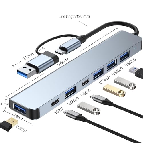 Hub USB C, extensor USB 7 em 1 de alumínio, divisor USB com 1 USB 3.0, 4 portas USB 2.0 e 2 portas U