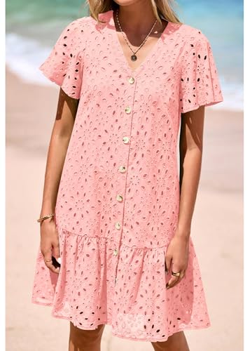 Image of KIRUNDO Eyelet Dresses for Women Button Down Mini Babydoll | 2026 Summer Short Sleeve Boho Sundress, Loose Fit V Neck Short Dress With Pockets, A Line, Cruise Beach Vacation Outfits