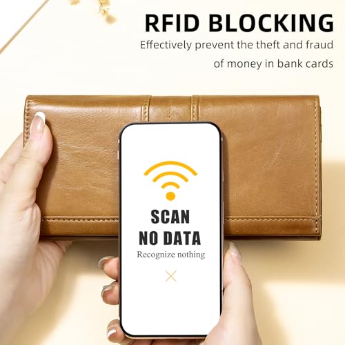 Image of Wallets for Women RFID Blocking Long Ladies Wallet Bifold Womens Leather Wallet with Coin Pocket ID Window, Brown