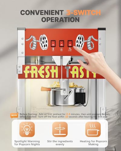 Image of 38 Oz Commercial Popcorn Machine, Large Popcorn Maker Machine, Movie Theater Countertop Pop Corn Machine with 3-Switch Control & Tempered Glass Doors, Red