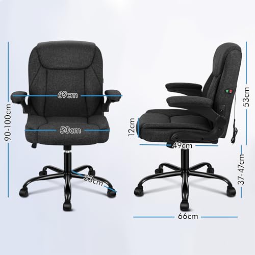 ELFORDSON Massage Office Chair, Mid-back Executive Comfy Office Chairs with 90° Flip-up Armrests, Adjustable Height, Swivel, Ergonomic Heavy-duty Gaming Chair, Fabric Linen, Black