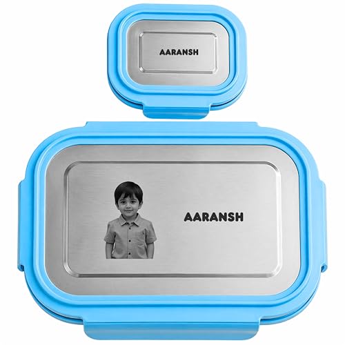 Image of Personalized Stainless Steel Lunch Box for Kids - Photo & Name Permanently Printed - Ideal for School, Students, Children - Durable and Safe Food Container - Customizable Design - Blue Color