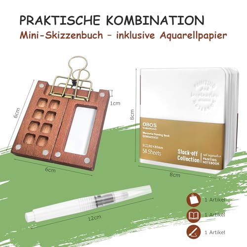Mini Aquarell Set – Tragbare Reise-Palette mit 8 Fächern – Pocketartist Skizzenbuch-Set mit Aquarellpapier, Pinseln, Binder-Clips – Kompaktes Wasserfarben Set für unterwegs