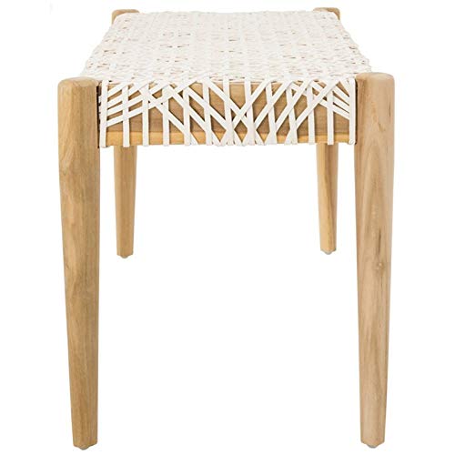 Safavieh Home Collection Bandelier Natural Teak Wood/ Off-White Leather Weave Entryway Foyer Dining Bench #TOP3