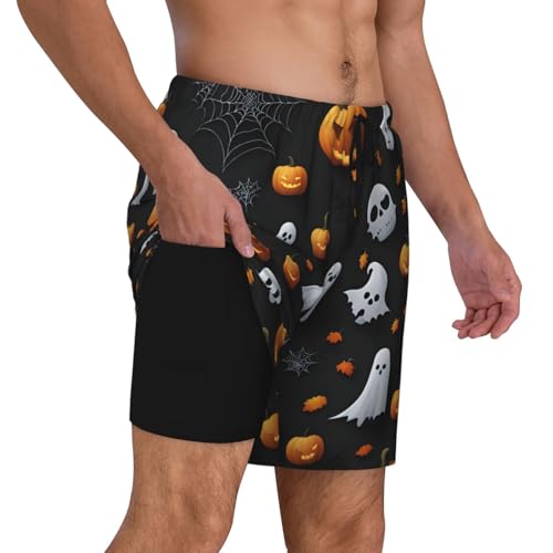 Cute Halloween Pattern Men's Soft Double Swim Shorts, Lounge Swiming Shorts Pants Breathable Summer3