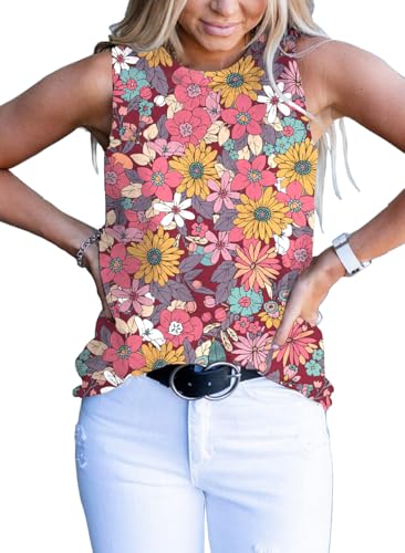 Women's Summer Loose Camisole Floral Flower Pattern Tank Sleeveless Crew Neck Casual and Basic Tunic Top Flower Burgundy L