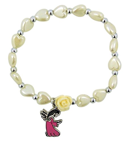 Guardian Angel White Glass Heart Bead Charm Bracelet, 5 1/2 Inch