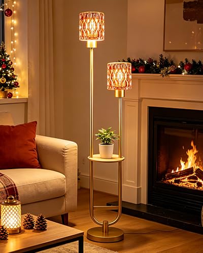 Lightdot Glass Floor Lamp with Shelf 2-Lights Red Glass Gold Floor Lamps