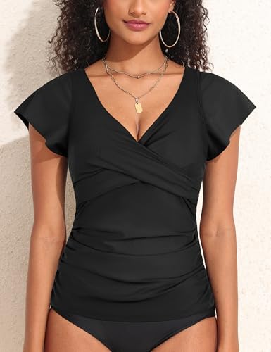 Hilor Women's Underwire Tankini Top Tummy Control Bathing Suits Short Sleeve Tankini Swimsuit Tops Only3