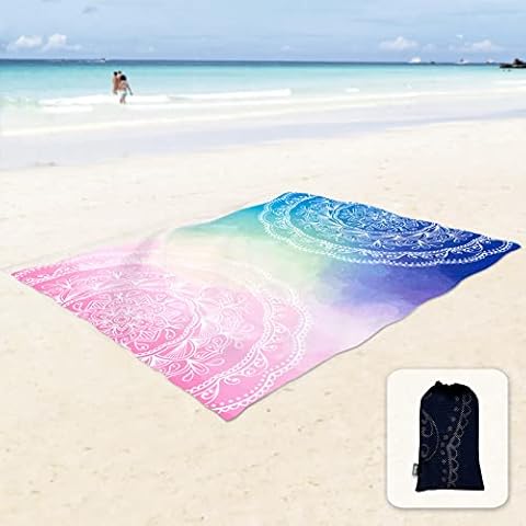 Sunlit Silky Soft 106"x81" Boho Sand Proof Beach Blanket Sand Proof Mat with Corner Pockets and Mesh Bag for Beach Party, Travel, Camping and Outdoor Music Festival, Blue and Pink Mandala Cover