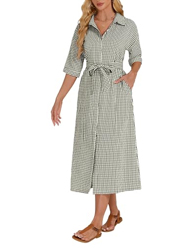 Damen-Midikleid, halblange Ärmel, kariert, Kragen, V-Ausschnitt, Gürtel, lässig, Knopfleiste, lang, lockeres Kleid, Schwarz, XX-Large