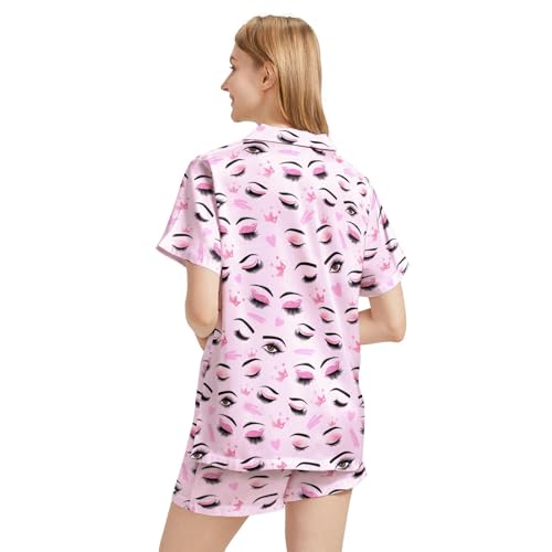 Image of Funny Satin Pajamas Set for Women Button Down Sleepwear Print Pjs Set 2 Piece Short Sleeve Loungewear Gift for Women