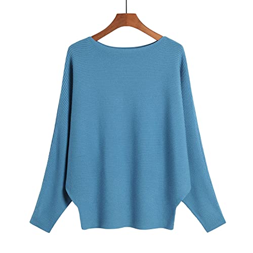 Image of Blostirno Women's Boat Neck Batwing Sleeves Dolman Ribbed Knitted Sweaters Pullovers Tops