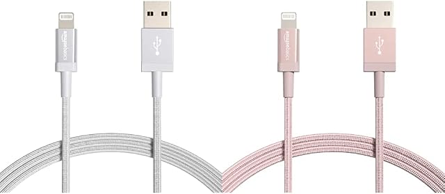 Amazon Basics Nylon Braided Lightning to USB A Cable - MFi Certified iPhone Charger, Silver, 1.8 m & Nylon Braided Lightning to USB A Cable - MFi Certified iPhone Charger, Rose Gold, 1.8 m