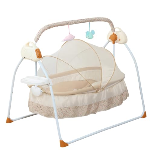 TFCFL Electric Baby Crib Cradle, 0-18 MonthsInfant Bed Auto Swing with Music, 25KG/55LBS Capacity, Foldable Baby Bassinet, Khaki
