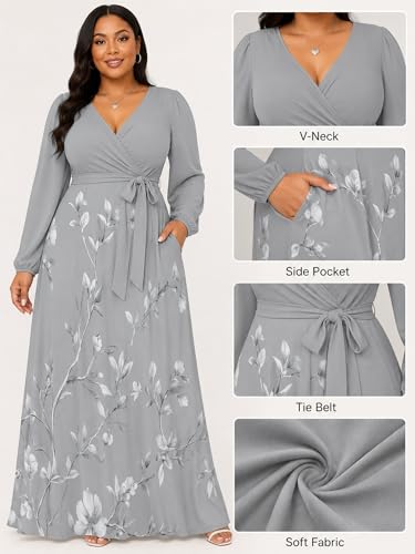 Image of PinkPatty Women's Long Sleeve Maxi Dress Plus Size Trendy Wedding Guest Wrap Dress with Pockets&Belt