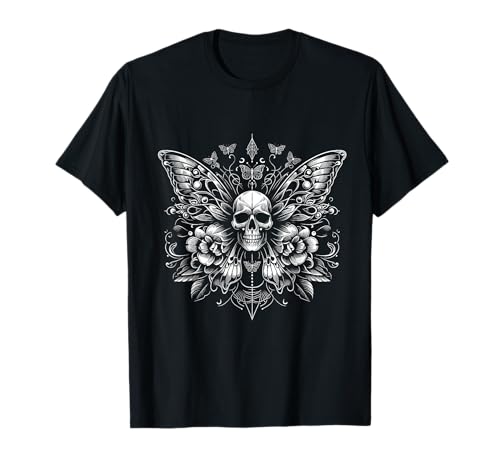 Butterfly Skull Floral Dark Art Gothic Tattoo Style T-Shirt