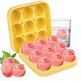 Mamowla - Bandeja de cubitos de hielo de silicona con tapa, 9 cavidades en forma de flor de rosa, moldes para congelador, alimentos para bebés, agua, whisky, cóctel y otras bebidas (amarillo)