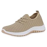 SCARPE VITA Damen Sportschuhe Laufschuhe Strick Flache Profilsohle Bequeme Freizeitschuhe Schnürer Sportliche Schuhe 195420 Beige 36