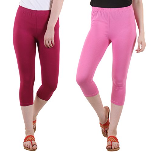 Image of DIAZ Women Cotton Stretchable Capri | Slim /Regular Fit | Breathable Yoga, Gym & Lounge Wear | High-Waist Stretchable 3 /4 Length Leggings with Wide Waistband - Pack of 2