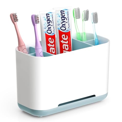 GlasFlength Portacepillos de Dientes Electrico, Soporte Cepillo de Dientes Soporte para Cepillo de Dientes y Pasta con 2 separadores Ajustables y Base Antideslizante para Lavabo de Baño (Azul)