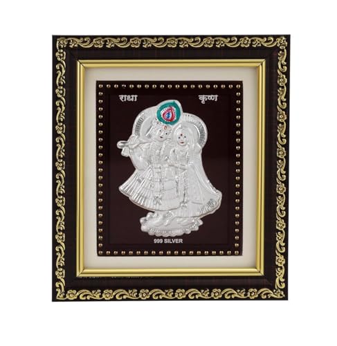 Image of Hem Jewels 999 Pure Silver Radhe Krishna Photo Frame for Home & Office | God Frame for Pooja Room & Wall Decor | Premium Pure Silver Gifting Item for Wedding, Housewarming, Office, Wedding & Festival Gifts | Square Tabletop | W=12cm & H=13.5 cm | Certificate Included