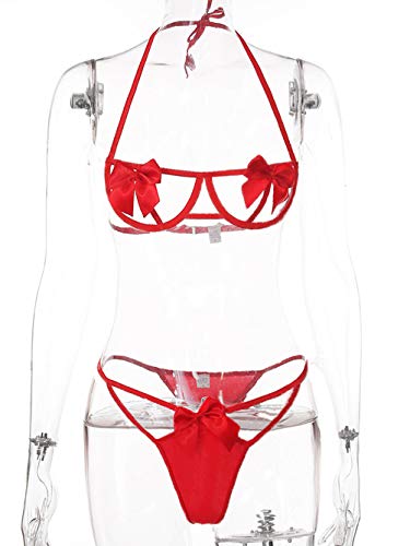 Foto de Kaei&Shi Conjunto de lencería de lazo para regalo, conjunto de sujetador y braga de Navidad, conjuntos de lencería sexy de San Valentín, cumpleaños, aniversario, boudoir (imagen 7)