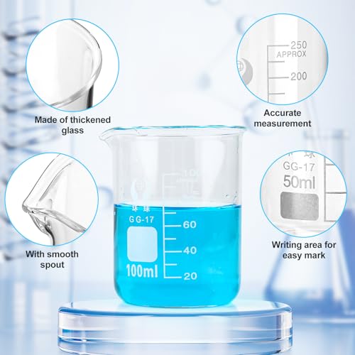 Zestaw 5 szklanek laboratoryjnych, 25ml/50ml/100ml/250ml/500ml szklanki miarowe ze szkła, szkło borokrzemowe szklanki miarowe ze skalą pomiarową, szklanki laboratoryjne z podziałką z pipetą z