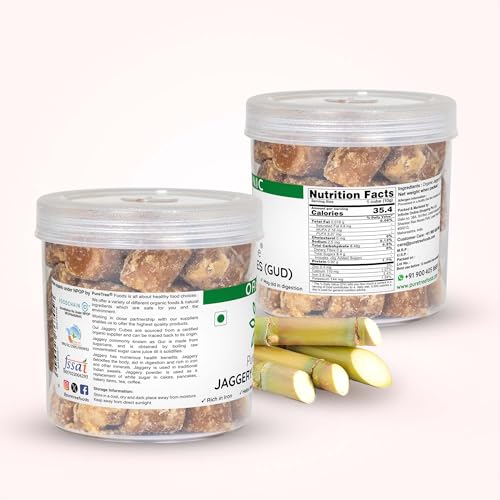 Image of Pure Tree Certified Organic Jaggery Cubes Small | 350 g | Sugarcane Gur Cubes | Desi Gud Jaggery Cubes from Jaggery Block (No Preservatives)