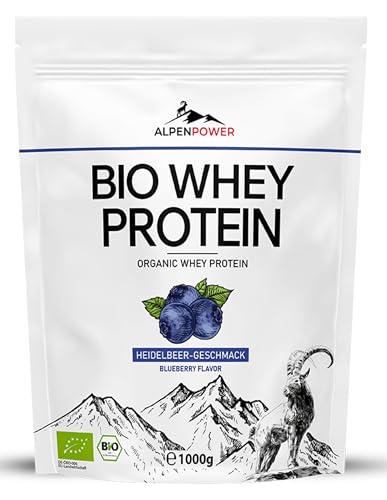 AlpenPower BIO WHEY Protein Heidelbeere 1 kg - 100% natürliche Zutaten & ohne Zusatzstoffe - Hochwertiges CFM Eiweiß-Pulver aus bester Bio-Alpenmilch