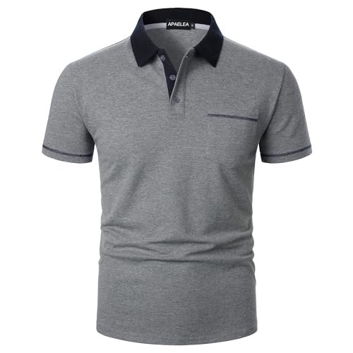 APAELEA Poloshirt Herren Polohemd Kurzarm Baumwolle mit Brusttasche,Sommerlich und Bequem für Freizeit und Business,Grau,XL