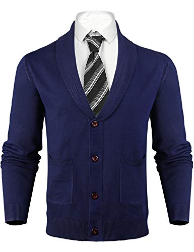iClosam Mens Cardigan Lightweight Knitwear Button V-Neck Slim Fit Knitted Xmas Cardigans Sweater with Two Front Pockets S-XXL Dark Blue
