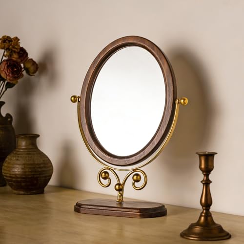 Espejo de maquillaje de escritorio con marco de madera maciza ovalado miniatura 2