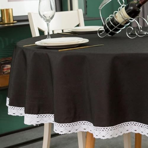 EHouseHome Faux Linen Tablecloth with Lace Trim - Waterproof/Spill Proof/Stain Resistant/Wrinkle Free/Oil Proof - for Banquet, Parties, Dinner,Wedding,Holiday,Black, Round 70Inch