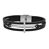 Magna Steel Men's Multi-Strand Genuine Leather Bracelet with Stainless Steel Classic Cross Pendant, Silver