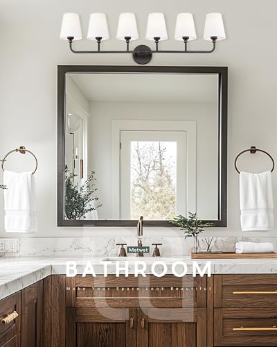 Image of Bathroom Light Fixtures, 42 Inch Matte Black Vanity Lights with Flared White Fabric Shade, 6-Light Wall Sconce, Modern Sconces Wall Lighting for Hallway Bedroom, VL837-MB-6
