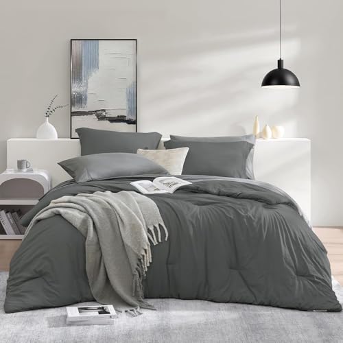 Image of Twin XL Comforter Set- 5 Pieces Prewashed Bed in a Bag Twin Bedding Sets | Soft All Season Comforter with Sheets, Pillow Sham & Pillowcase, Grey