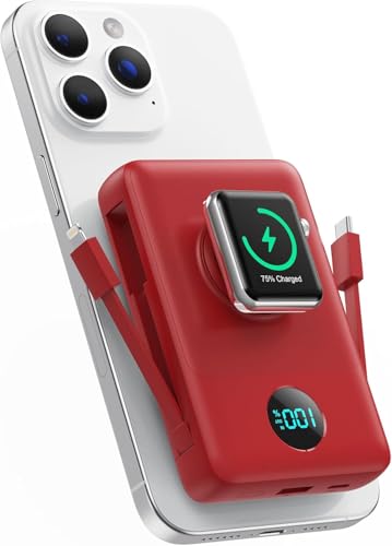 Magnetic Portable Charger 10800mAh for iPhone with Built-in Cables, 6-in-1 Wireless Power Bank with iWatch Charger, LCD Display 25W PD Fast Charging Battery Pack for iPhone 16/15/14/13/12, Apple Watch