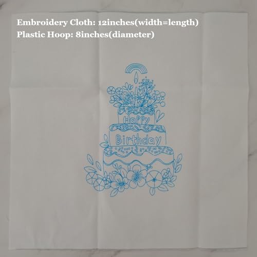 Image of Esffaci Embroidery Starter Kit for Adult Beginner with Birthday Cake Candle Flower Pattern Hand Embroidery Set with Cloth Hoop Needle Threader Floss and Instruction