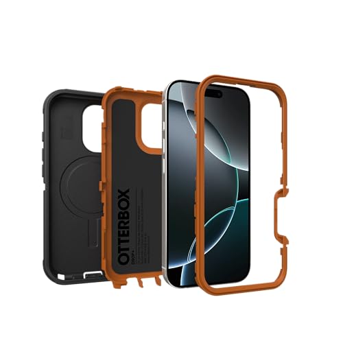 Image of OtterBox iPhone 16 Pro (Only) Defender Series MagSafe Case - Iron Eclipse (Black & Orange) - Built-in Magnets - Screenless - Rugged & Durable - with Port Protection