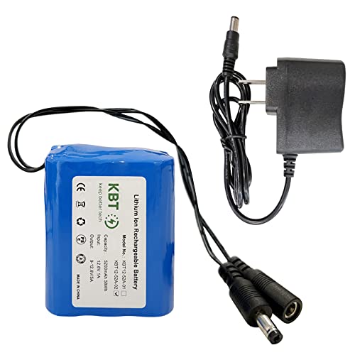 KBT 12V 5200mAh Rechargeable Li-ion Battery, DC5521 Male Connector, Replacement Battery Pack with 12V Charger Compatible for 12V Device RC Car, Boat, Robot, DIY, LED Light Strip, CCTV Camera