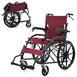 【ブラック+レッド】OSJ 車椅子 折畳み 自走式 自立できる ノーパンクタイヤ 折りたたみ 収納可能 超軽量 コンパクト 安全ベルトつき 背面ポケット 外出用 介護 福祉用具