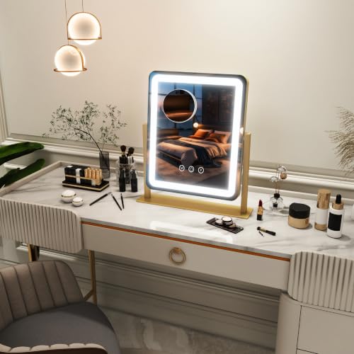 Image of FENNIO Vanity Mirror with Lights - 15 inchx12.6 inch LED Lighted Makeup Mirror, Large Makeup Mirror with Lights, Touch Screen with 3-Color Lighting, Dimmable, for Vanity Desk Tabletop, Bedroom Gold