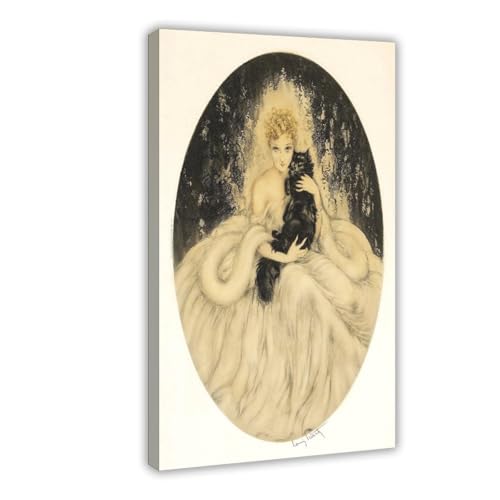 Impression sur toile Louis Icart femme et chat noir finition premium