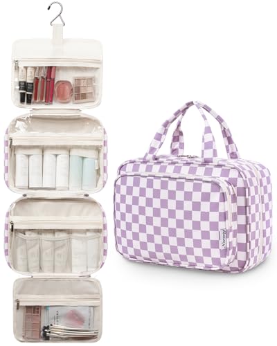 Image of Narwey Large Hanging Toiletry Bag Travel Makeup Bag Cosmetic Organizer for Women and Girls, Z-Purple Checkerboard, Large