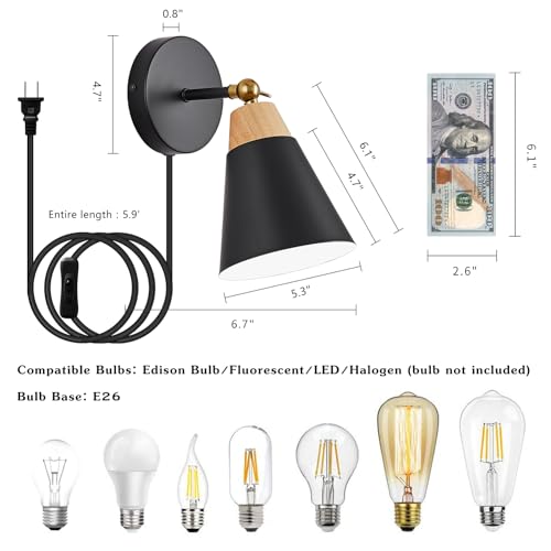 Image of Wall Sconce Set of 2, Wall Sconce with Metal Shade, Plug Switch, Indoor Decor Wall Mount Swing Arm Lamp for Bedroom,Hallway,Living Room,Reading, Black