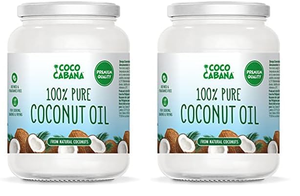 Coco Cabana Aceite de coco 100% puro, 1 litro, de primera calidad, vegano, sin gluten y sin lácteos, producto de belleza natural para la piel, el cabello y la cocina Blanco (Paquete de 2)